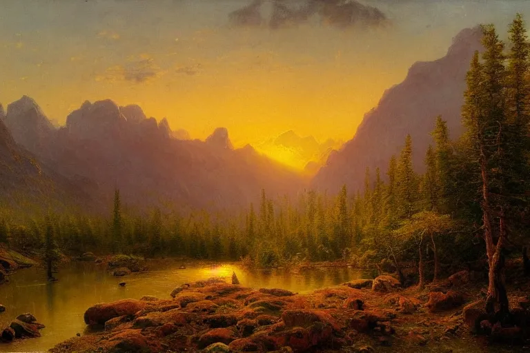 Image similar to mountains, clouds, trees, sunset, beautiful nature, hyperdetailed, focused, cinematic lighting, oil painting, colorful, canvas, artstation, Albert Bierstadt, Hans Dahl, Theodor Kittelsen, Hermann Hendrich, Konstantin Yakovlevich Kryzhitsky