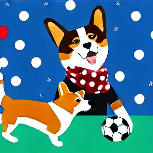 Image similar to illustration of french boy playing football with a corgi wearing a polka dot scarf in paris