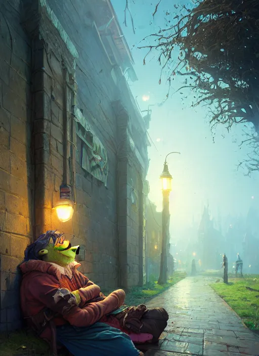 Image similar to Highly detailed portrait of homeless and beaten up Shrek, Stephen Bliss, unreal engine, fantasy art by Greg Rutkowski, Loish, Rhads, ferdinand knab, Makoto Shinkai and Lois van baarle, ilya kuvshinov, rossdraws, Tom Bagshaw, global illumination, radiant light, detailed and intricate environment