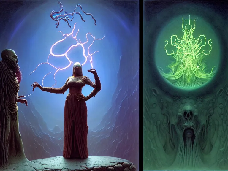 Image similar to the female arcanist and the male artificer by albert bierstadt and gerald brom and zdzisław beksinski and james gilleard and wayne barlowe and marc simonetti, highly detailed, hyperrealistic, intricate, floating metallic objects, energy, electricity, blue flames, low light, glowing green crystals, high contrast