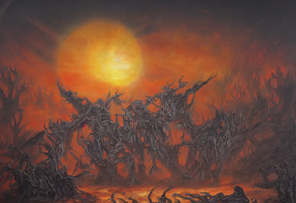 Image similar to shadow of the tyrant Sun above the ruins of the old kingdom red sun dead sky necromantic solar mythos, award winning oil painting, dead mythos palette