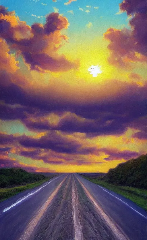 Prompt: paperback book cover. oil painting. pure colors, melting clouds, accurately drawn details, a sunburst above a receding road with the light reflected in furrows and ruts, after rain. photorealistic. octane render. cinematic. trending on artstation. textless.