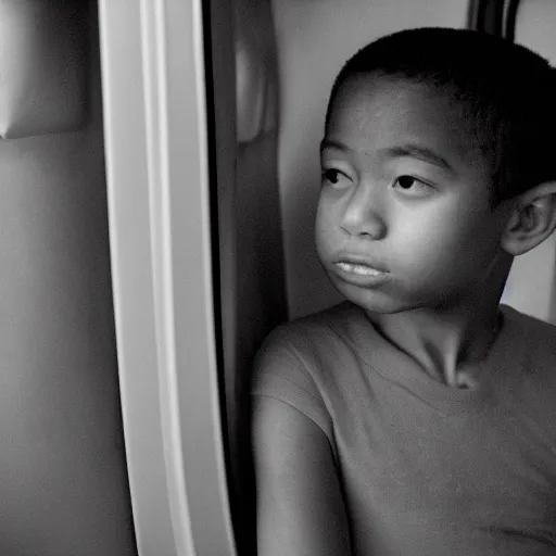 Prompt: A melancholic child, with light skin, dark hair, brown eyes, skin pores. Wearing a an oxygen respirator, carrying an oxygen tank. In a mass transport bus. The atmosphere outside is filled with pale yellow mist. Film grain. Documentary photo. Sigma 40mm f/1.4 DG HSM