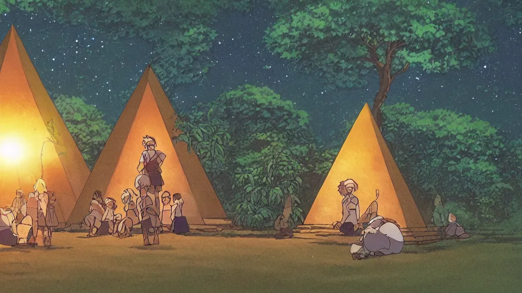 Prompt: a movie still from a studio ghibli film showing a glowing pyramid in the rainforest. a group of giant wizards meditate outside on a misty and starry night. by studio ghibli