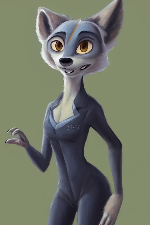 Image similar to oil painting of anthromorphic female wolf, in style of zootopia, female fursona, furry, furaffinity, 4 k, deviantart, furry art, fursona art, wearing black business suit, business suit, wolf fursona, female, very expressive detailed feminine face,