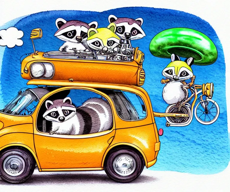 Image similar to cute and funny, racoon wearing a helmet riding in a tiny hot rod with oversized engine, ratfink style by ed roth, centered award winning watercolor pen illustration, isometric illustration by chihiro iwasaki, edited by range murata, tiny details by artgerm and watercolor girl, symmetrically isometrically centered