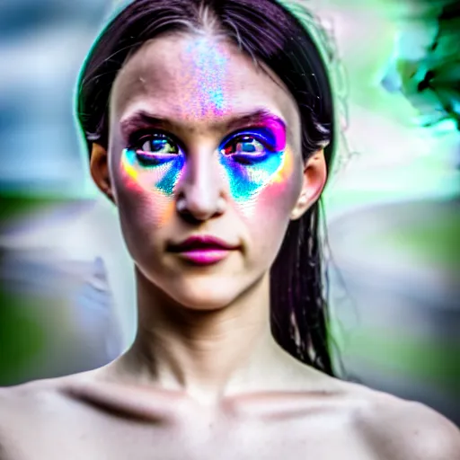 Image similar to photograph portrait of a beautiful alien, feminine, iridescent eyes, intricate detail, sigma 85mm f/1.4, 4k, depth of field