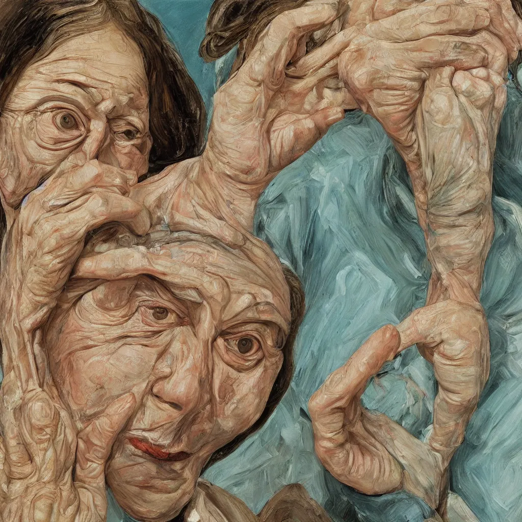 Image similar to high quality high detail painting by lucian freud, jenny savile, unsettling portrait, cream and turquoise, hd