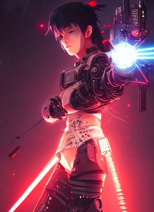 Image similar to cool cyberpunk cyborg samurai girl, battle pose, laser guns, extremely beautiful, detailed portrait, intricate light complexity, concept art by krenz cushart, kyoto animation, wlop. 4 k, beautiful, cinematic dramatic atmosphere, sharp focus, perfect lightning