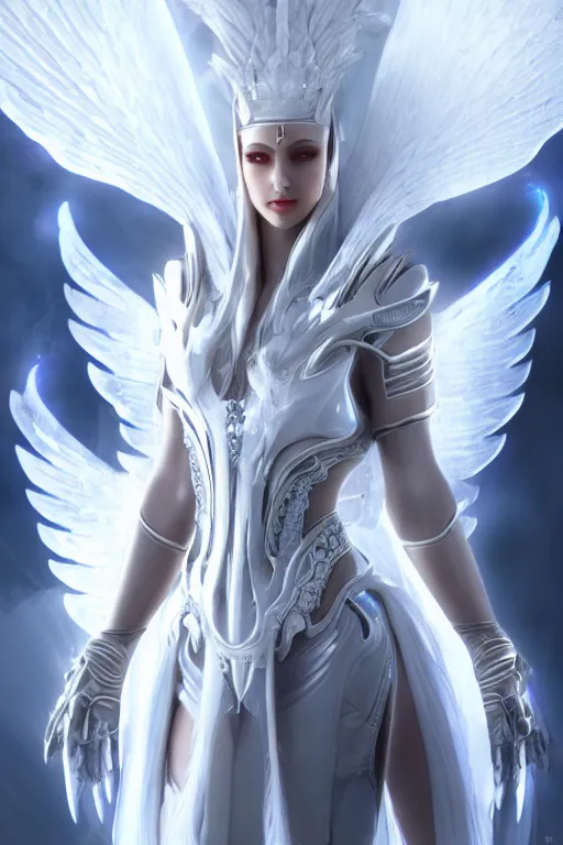 Image similar to perfect white haired egyptian goddess wearing white dove wings, warframe armor, regal, attractive, ornate, sultry, beautiful, ice queen, half asian, pretty face, blue eyes, detailed, scifi platform, 4 k, ultra realistic, epic lighting, android body, illuminated, cinematic, masterpiece, art by akihito tsukushi, voidstar