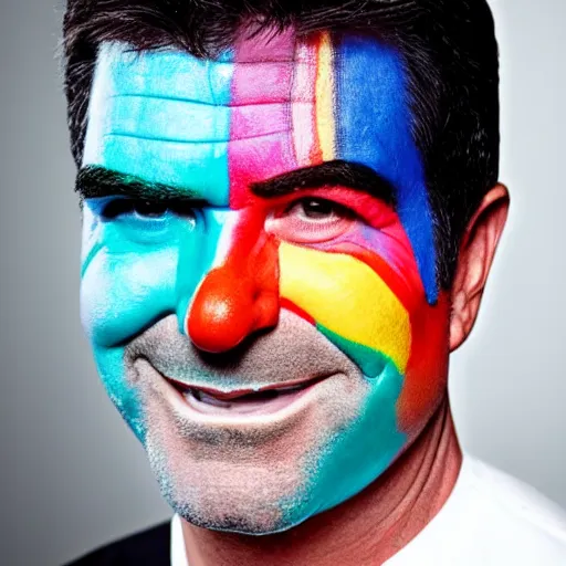 Prompt: portrait photoshoot of Simon Cowell clown colorful face paint