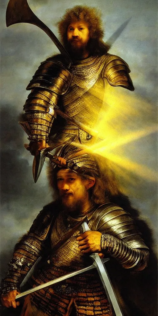 Prompt: wolf as barbarian knight with big sword, strong sun backlight sunrays body , extreme very textured detailed portrait oil painting by rembrandt, dramatic clouds and atmosphere