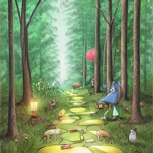 Prompt: a path through a forest with lots of books, a storybook illustration by pamela ascherson, pinterest, fantasy art, storybook illustration, enchanting, whimsical