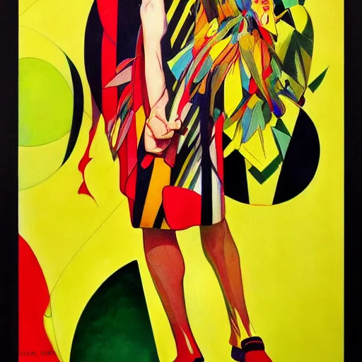 Image similar to art by joshua middleton, the creeper, a tall manically smiling yellow - skinned man with green and black striped cycling shorts and wearing a long red feather boa, mucha, kandinsky, poster, comic art, stylised design