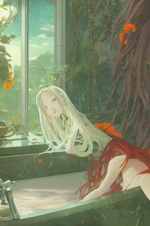 Prompt: a girl with long white hair lying in a bathroom bath at afternoon, plants, astronomical telescope, green and orange theme by krenz cushart and mucha and makoto shinkai and akihito yoshida and greg rutkowski, 4 k resolution