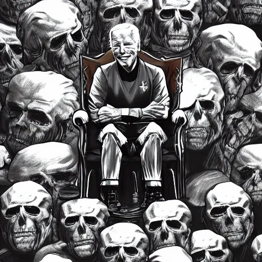 Image similar to Joe Biden sitting on a throne of skulls, digital painting, trending on artstation