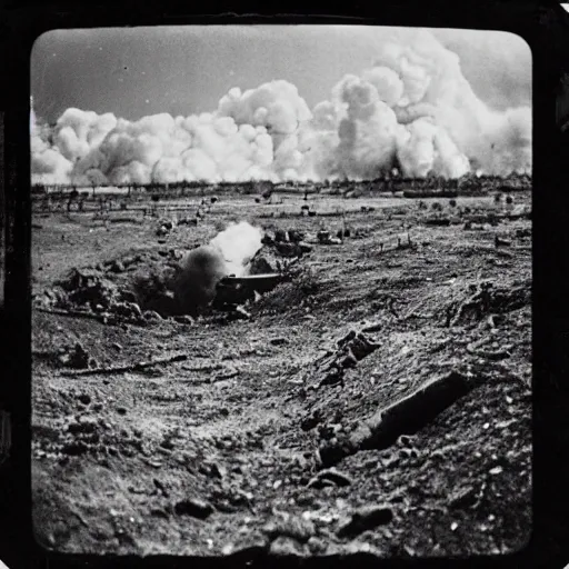 Image similar to a photo taken from inside of a trench showing a nuclear explosion in the distance, you can see the explosion's shockwave in the clouds, realistic, taken on a ww 2 camera.