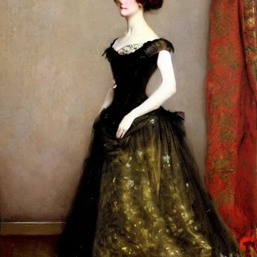 Image similar to young victorian lady in ball gown, painted by alfred stevens