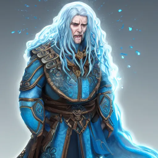 Prompt: A water genasi cleric with wavy white hair and blue skin praying to his god wearing turtle armor, illustration, artstation, highly detailed, 4k