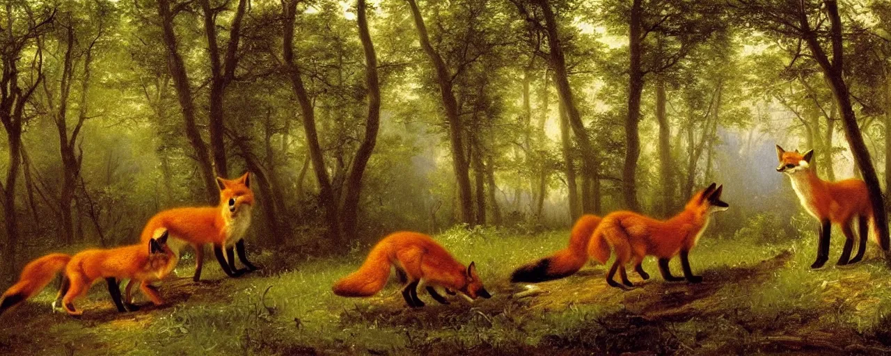 Image similar to foxes in the forest, by albert bierstadt