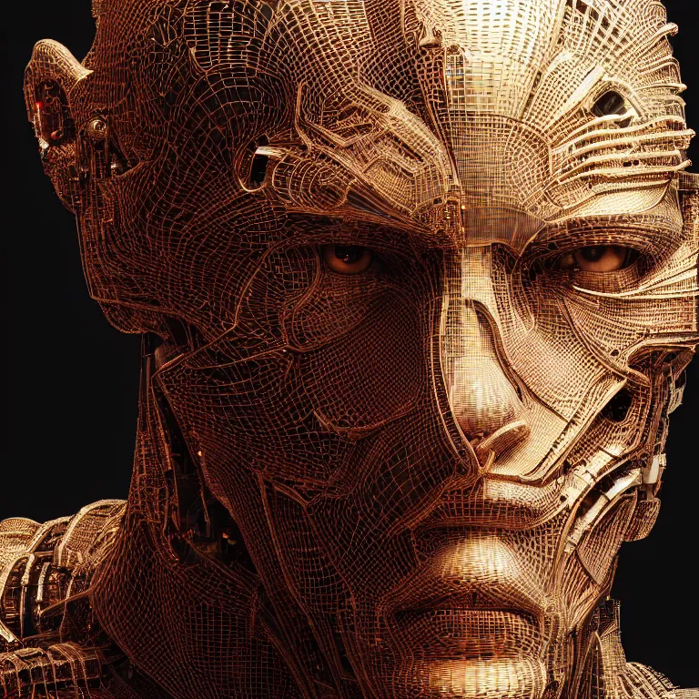 Image similar to hyperrealistic mixed media portrait of the robotic face of god, stunning 3d render inspired art by P. Craig Russell and Barry Windsor-Smith + perfect facial symmetry + dim volumetric lighting, 8k octane beautifully detailed render, post-processing, extremely hyperdetailed, intricate futuristic mechanic parts, epic composition, grim yet sparkling atmosphere, cinematic lighting + masterpiece, trending on artstation