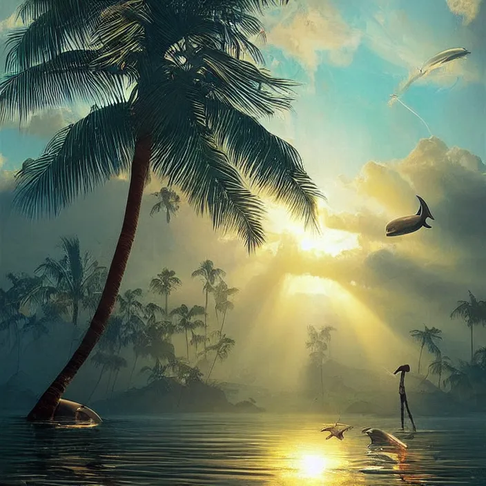 Image similar to dolphin swimming, golden hour, god rays, by artgerm and ismail inceoglu and greg olsen, palm trees, masterpiece, beautiful, intricate, elegant, highly detailed