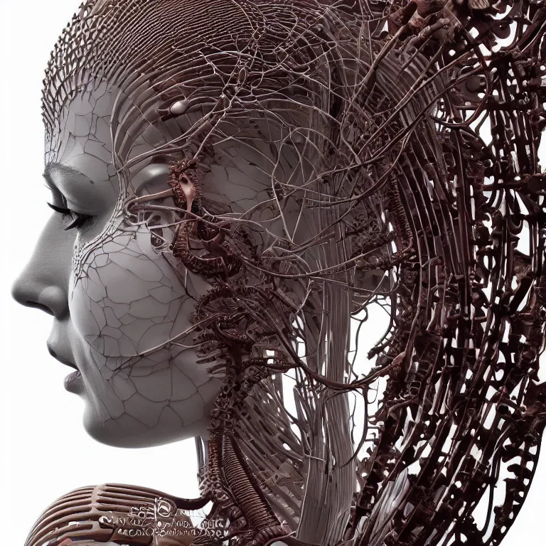 Prompt: portrait of beautiful!! horizontally symmetrical!! ceramic woman's head with coral!! reef hair. mechanical skeleton, biomechanical android. soft light painted by moebius, inspired by mary jane ansell, smooth face feature, horizontal symmetry!!!, intricate, studio photography, high detail