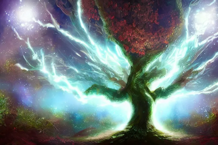 Image similar to magical mother tree of the universe, concept art trending on artstation, glowing effect ,