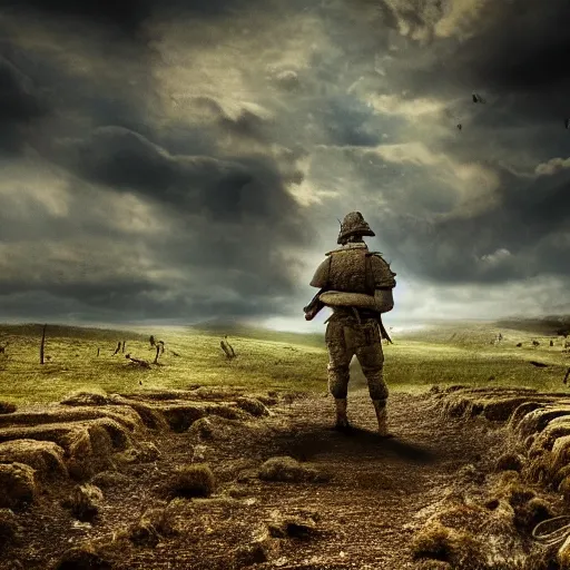 Image similar to war, pyrus victory, loner, battlefield scene, dramatic lighting, ultra hd, hdr, 8 k