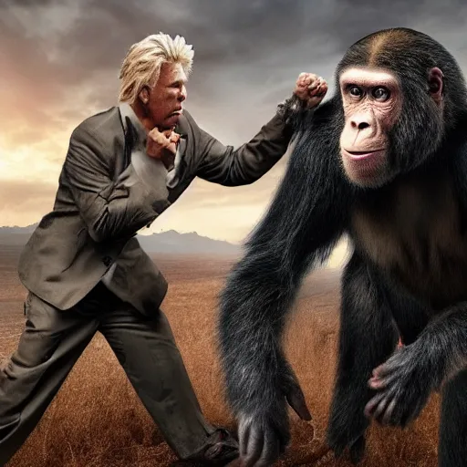Image similar to stunning award winning hyperrealistic hdr 8 k highly detailed photo of garry busey fighting an ape, combat, fight, aggression