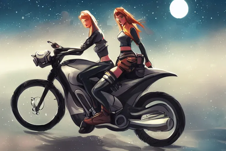 Prompt: a girl is riding a motorbike, digital painting, artstation, the space background,concept art, sharp focus, illustration,