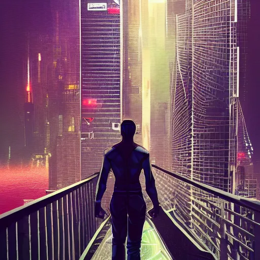 Image similar to a man standing on top of a bridge over a city, cyberpunk art by vincent lefevre, behance contest winner, altermodern, cityscape, synthwave, matte painting, - w 7 6 8