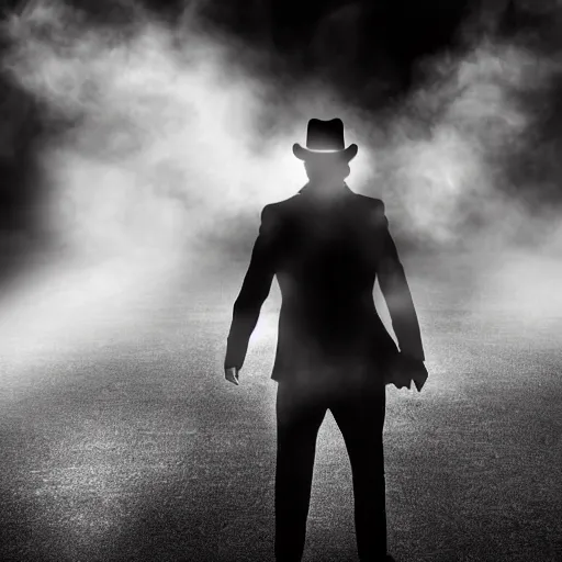 Prompt: white light from right, mysterious man in black suit and black hat, he has a pistol!!, smoke, fog, mysterious, 4 k, highly detailed, digital art, strong shadows, high contrast, epic scene, atmospheric, blue colours, old photograph