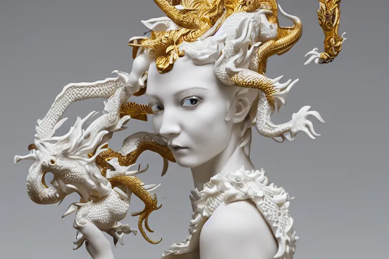 Image similar to full head and shoulders, beautiful female white, porcelain sculpture, with lots of ornate gold leaf 3 d chinese dragons attached to head by daniel arsham and james jean, on a white background, delicate facial features, white eyes, white lashes,