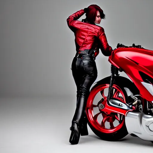 Image similar to photo of a woman that can transform into a motorcycle. detailed. red. beauty.