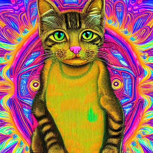 Image similar to psychedelic creative imaginative detailed digital painting of a cat growing entirely out of a fungus