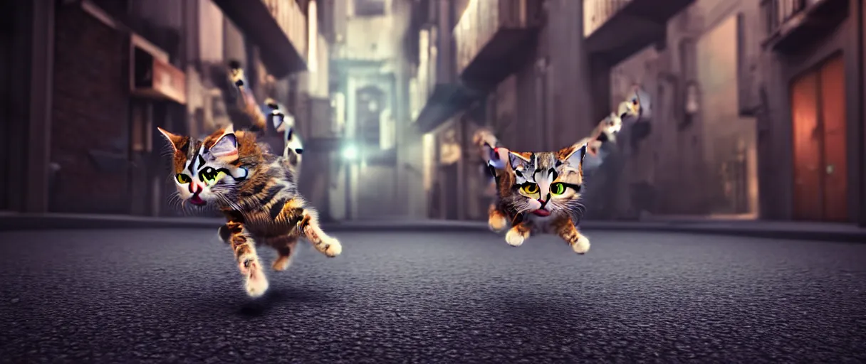 Image similar to hyperrealistic detailed 3d render of a cute tabby catman jumping on a dark city alley sharp cinematic lighting vray 8k low angle shallow depth of field