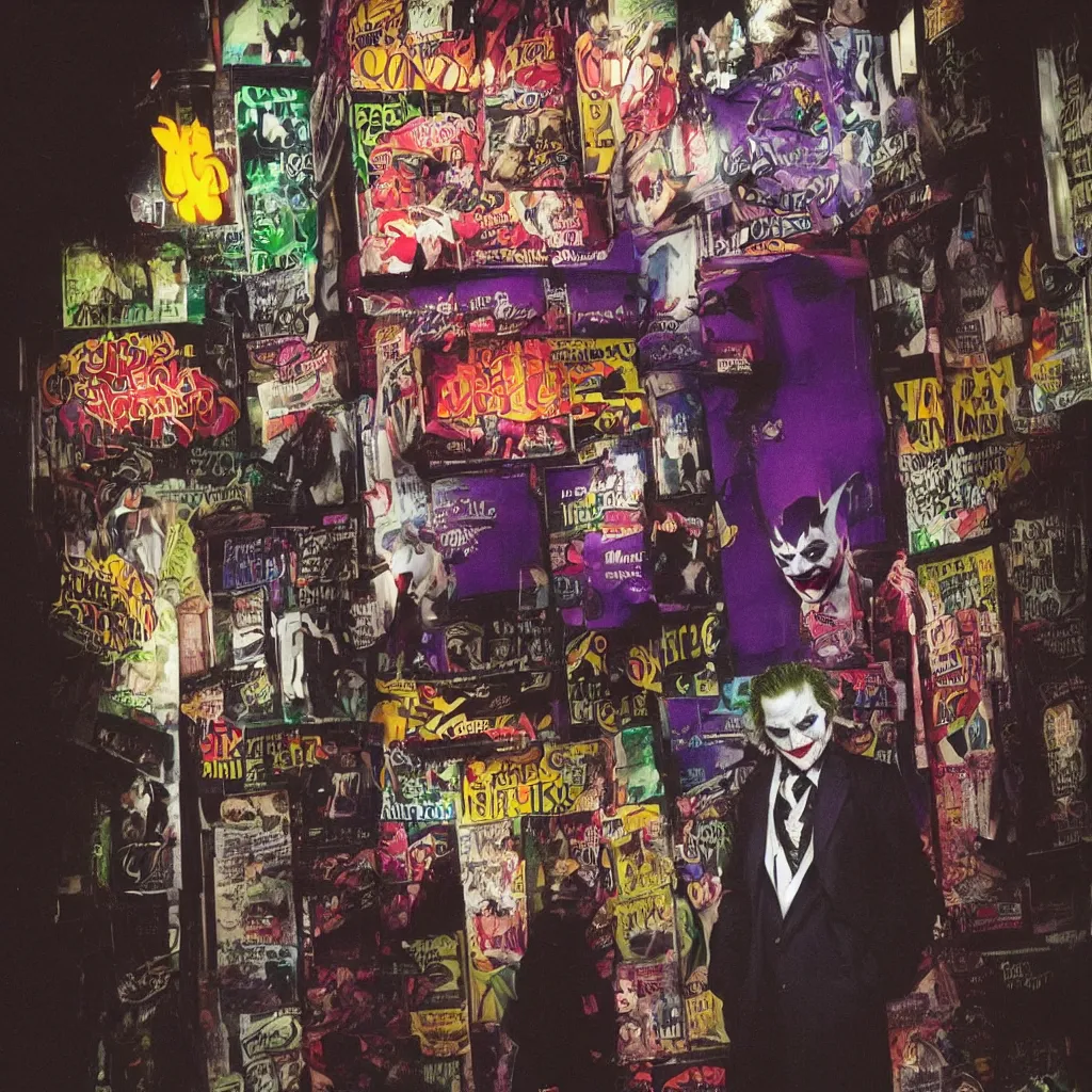 Image similar to night flash portrait photography of the joker on the lower east side by annie leibovitz, colorful!!, nighttime!, raining!