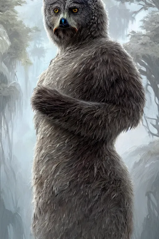 Image similar to a beautiful upper body shot from a fantasy film of a humanoid grey owlbear wearing a loose tunic. an anthropomorphic owlbear. fantasy, frown, intricate, elegant, highly detailed, digital painting, artstation, concept art, matte, sharp focus, illustration, art by artgerm and greg rutkowski and alphonse mucha