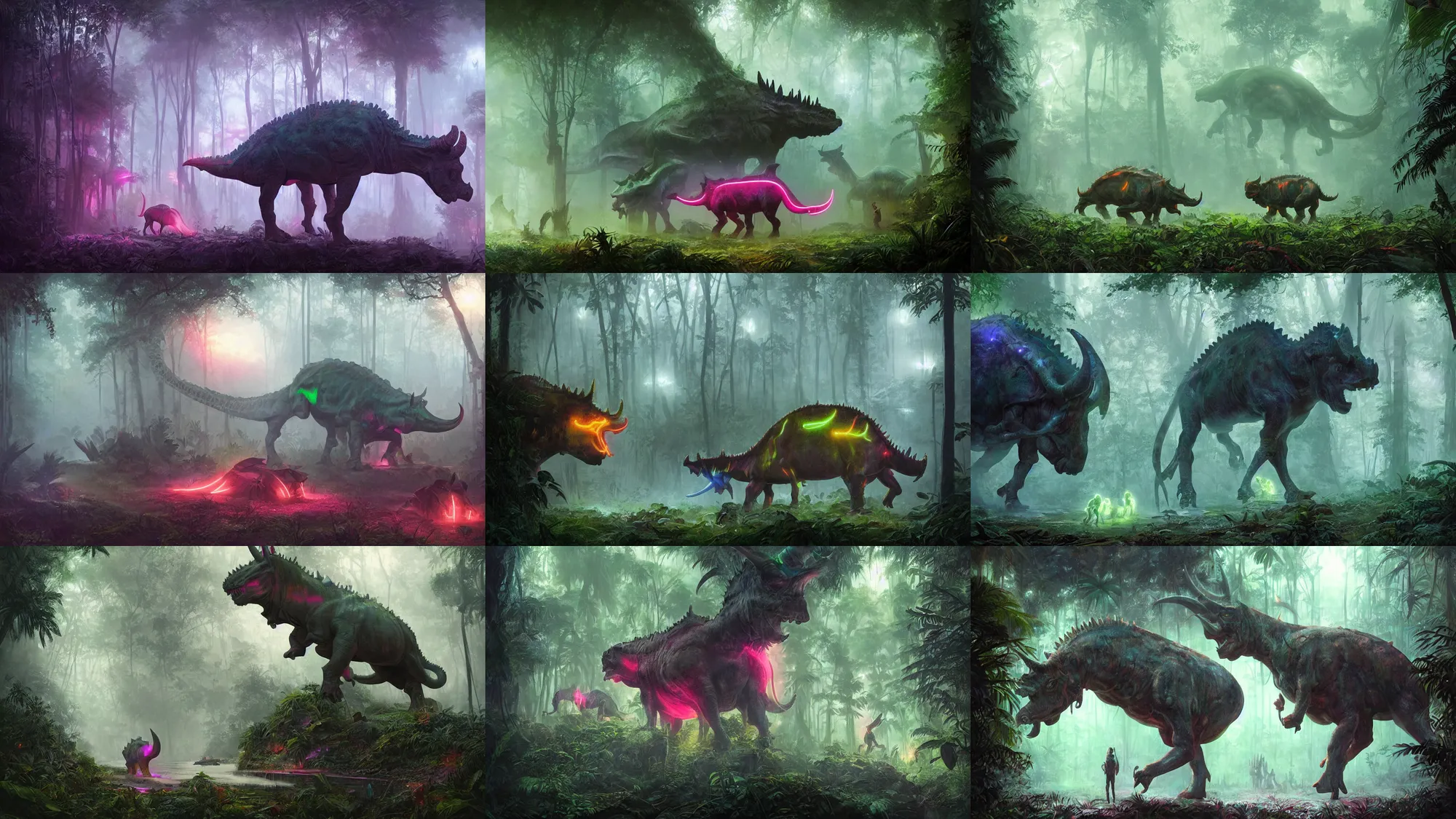 Prompt: neon glowing triceratops in a foggy jungle by magali villeneuve and greg rutkowski