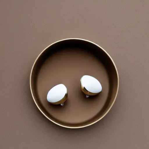 Image similar to beige teardrop-shaped truly wireless earbuds with gold accents, studio, product photo