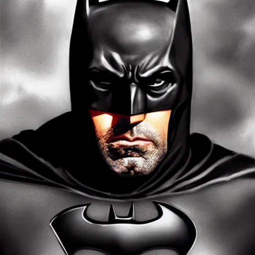 Image similar to An ultra-realistic portrait painting of Ben Affleck's Batman in the style of Frank Frazetta. 4K. Ultra-realistic. Highly detailed. Dark fantasy. Epic lighting.