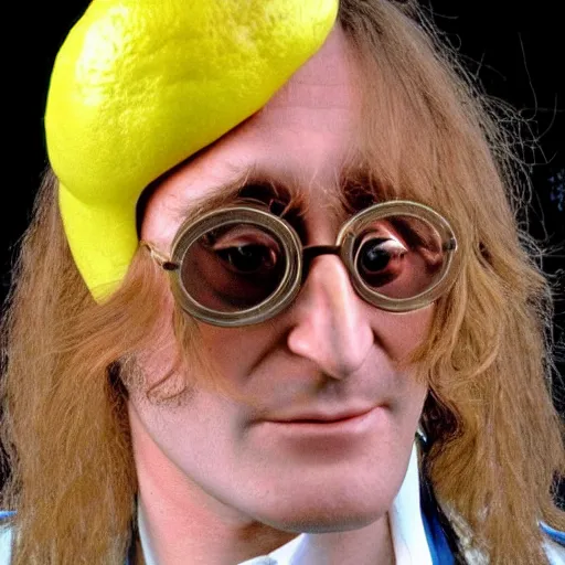 Prompt: john lennon inside a lemon costume, ultra realistic, highly detailed, colorized, 4 k