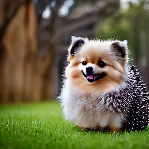 Prompt: a pomeranian covered with hedgehog spikes, 4k photography