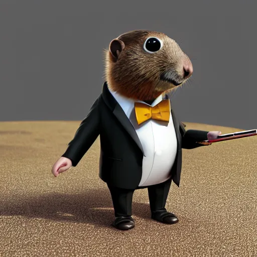 Image similar to brown marmot in a tuxedo while holding a pencil looks to the camera, pixar character, digital art, 3 d rendered in octane, blender, maya, shadows, lighting, cute