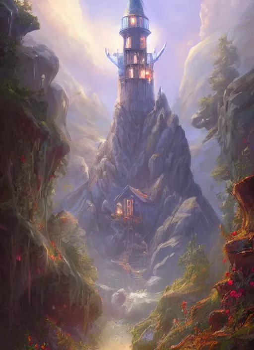 Image similar to A beautiful digital painting of a wizard's tower, crystal lake, lovely valley by Stanley Artgerm Lau, Rossdraws, James Jean, gerald brom, Andrei Riabovitchev, Marc Simonetti, and Sakimichan, trending on artstation