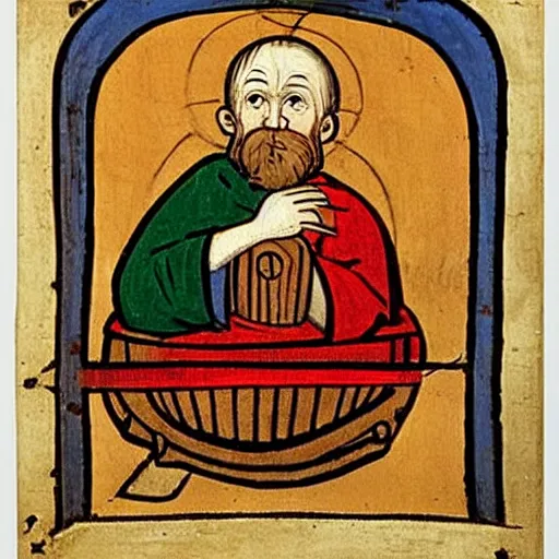 Image similar to medieval painting of a monk drinking wine next to a barrel, in the style of da Vinci