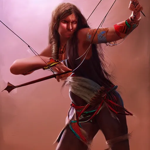 Image similar to tribal archer woman aiming her bow off camera, painting, artstation, epic, intense lighting