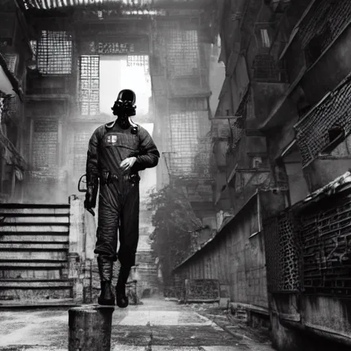 Prompt: A man in a gas mask and flight suit, in the Kowloon Walled City. Dark Fantasy, Film Noir, Black and White. High Contrast, Mike Mignola, D&D, OSR