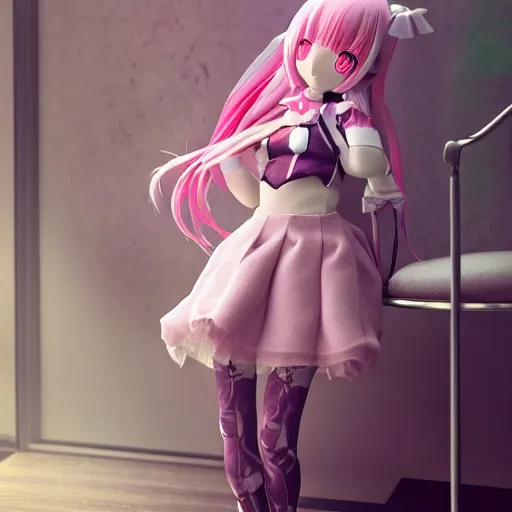 Prompt: cute fumo plush of a girl with six prosthetic mechanical arms, pink velvet dress, bokeh, cyberpunk anime girl, vray